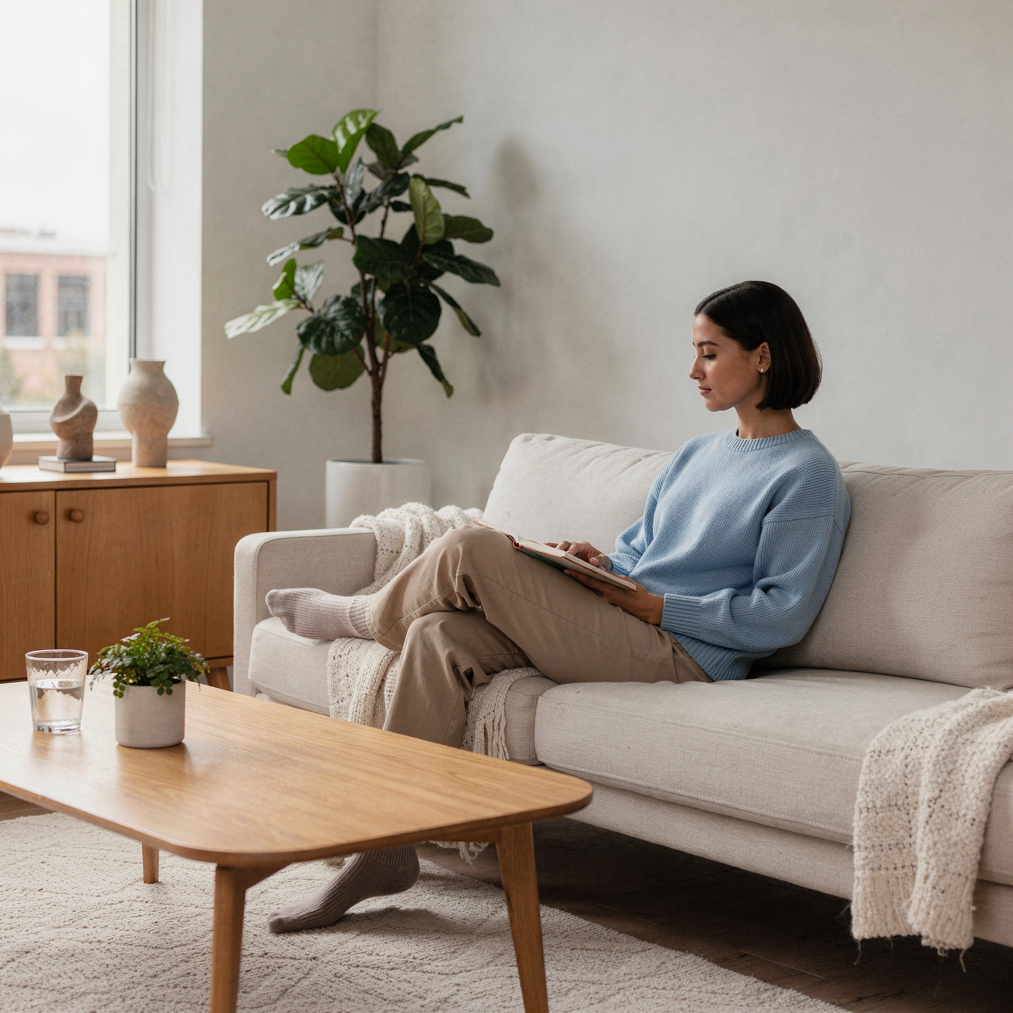 Woman on a sofa reading a tablet – psychiatrist in Bensalem, PA